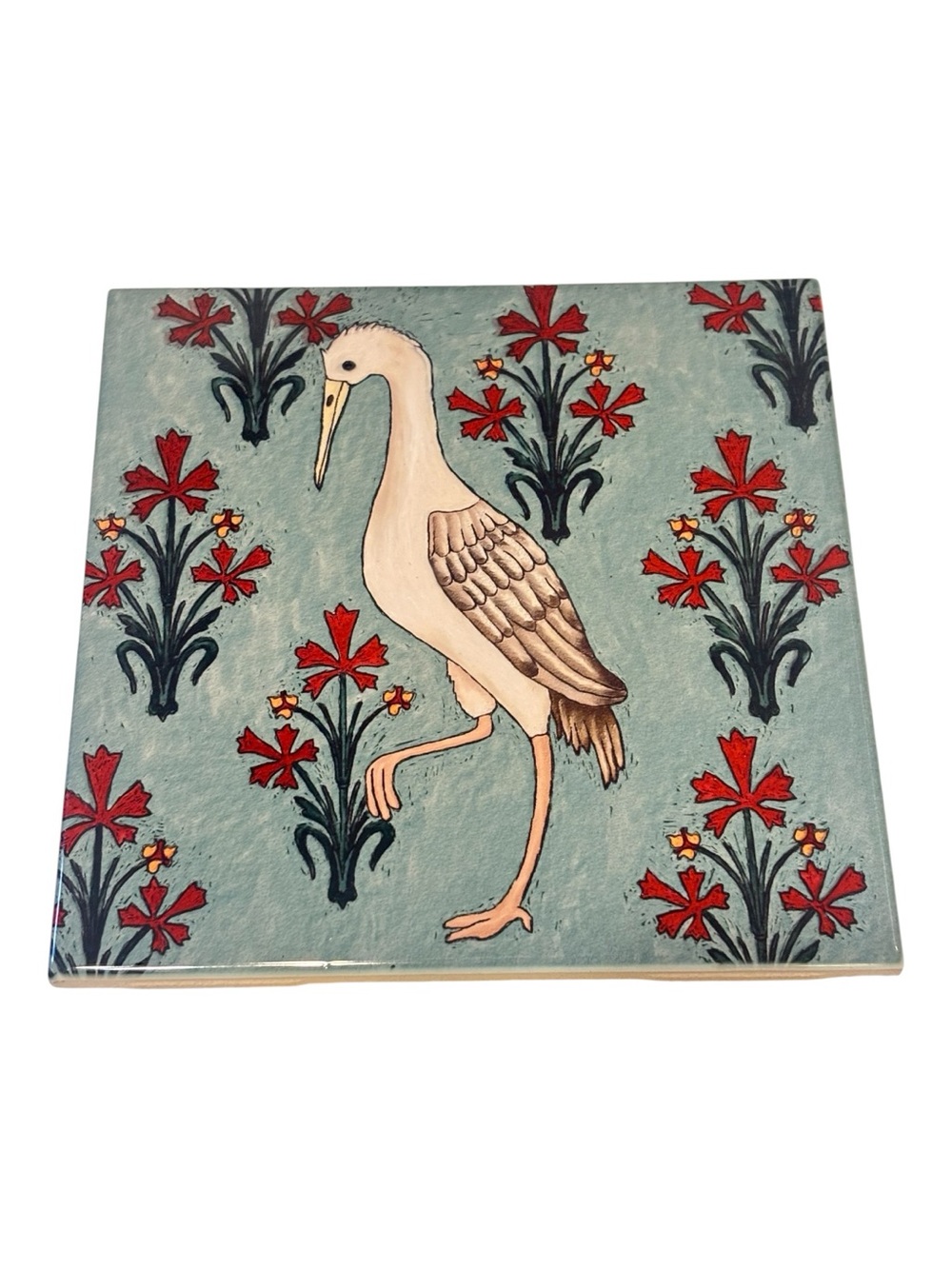 Peggy Karr Hand-Painted Blue Ceramic Tile/trivet with White Crane-Stunning NIB